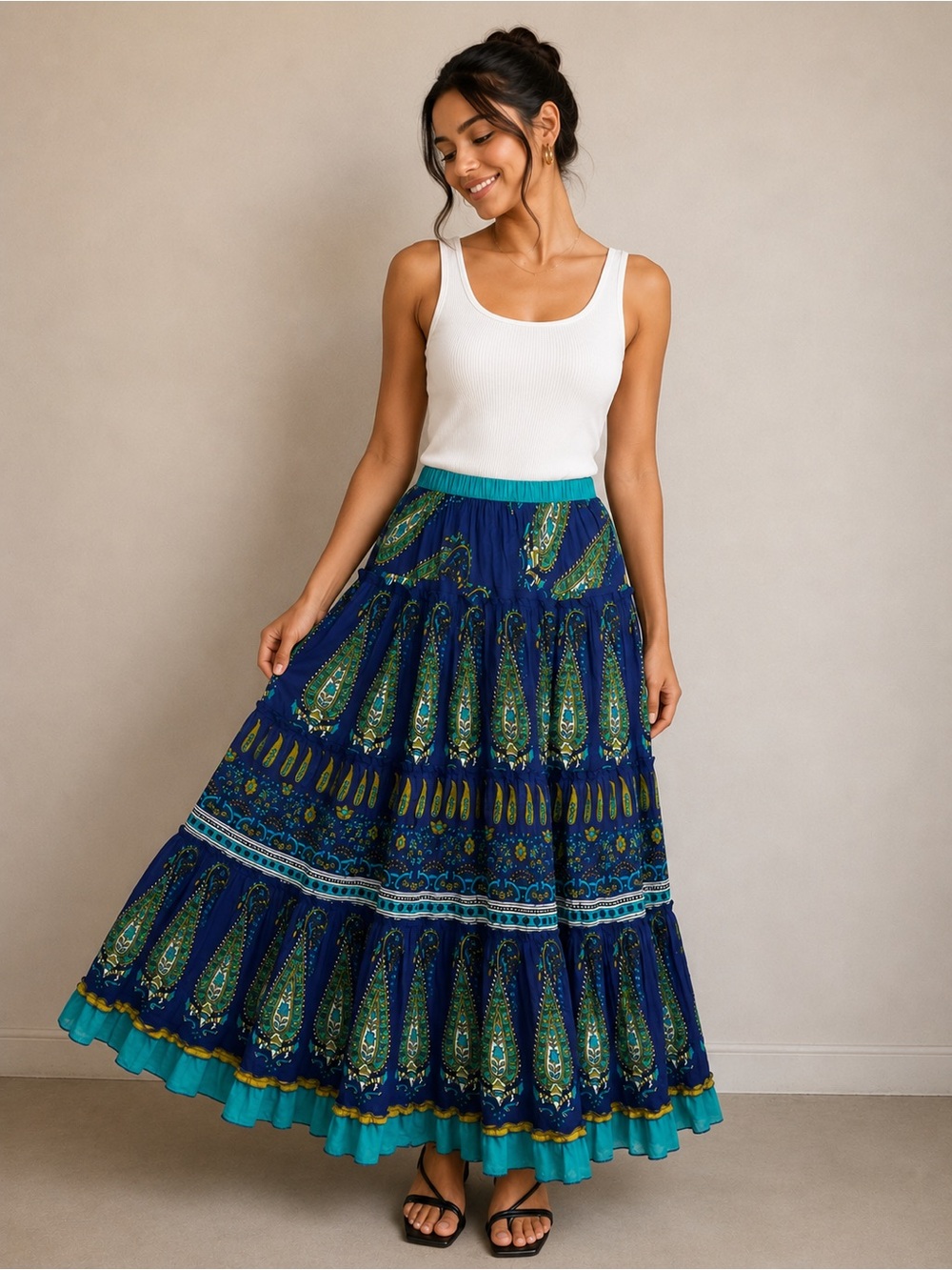 Tiered Boho Maxi Skirt in Navy & Teal